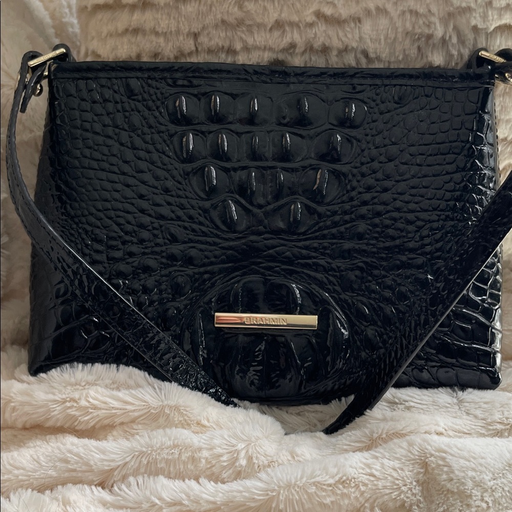 Brahmin Lorelei Black Croc-Embossed handbag with Gold Accent